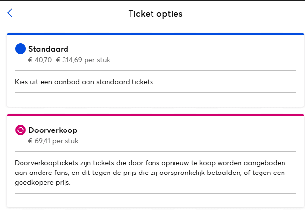 Voorbeeld van een ticket dat opnieuw te koop wordt aangeboden bij Ticketmaster